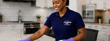 Maximum Rid Cleaners team member wiping down a kitchen counter